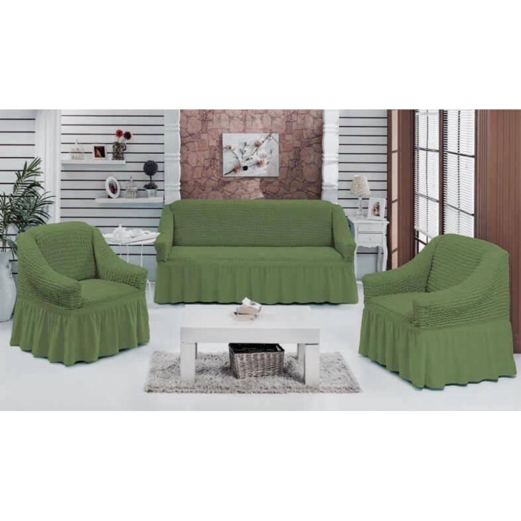 Зеленый чехол на диван без подлокотников